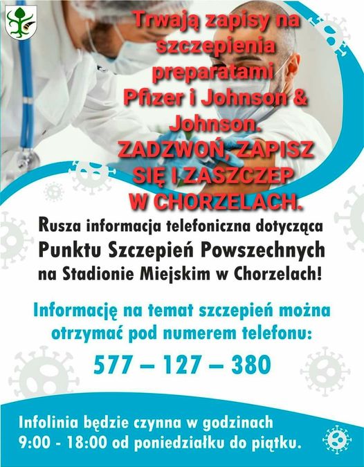 Informacja o rozpoczęciu szczepienień przeciwko COVID-19 na Stadionie Miejskim w Chorzelach.