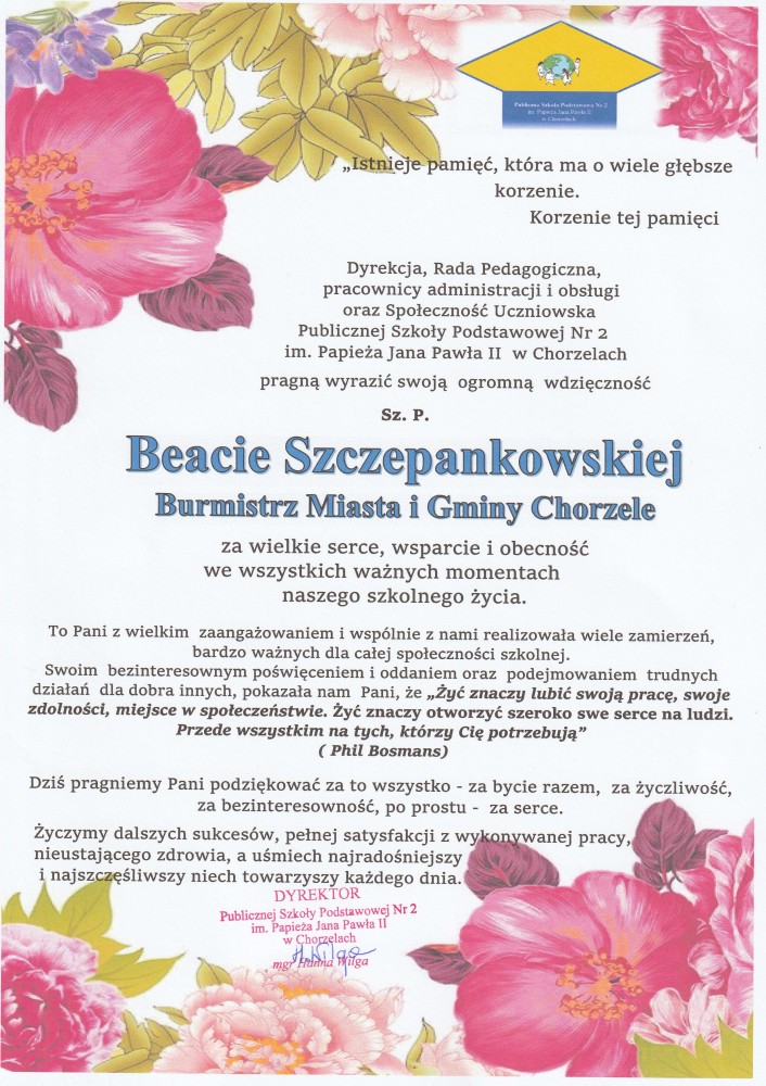 Podziękowanie dla Burmistrz Beaty Szczepankowskiej od PSP nr 2 w Chorzelach z okazji zakończenia roku szkolnego 2020/2021