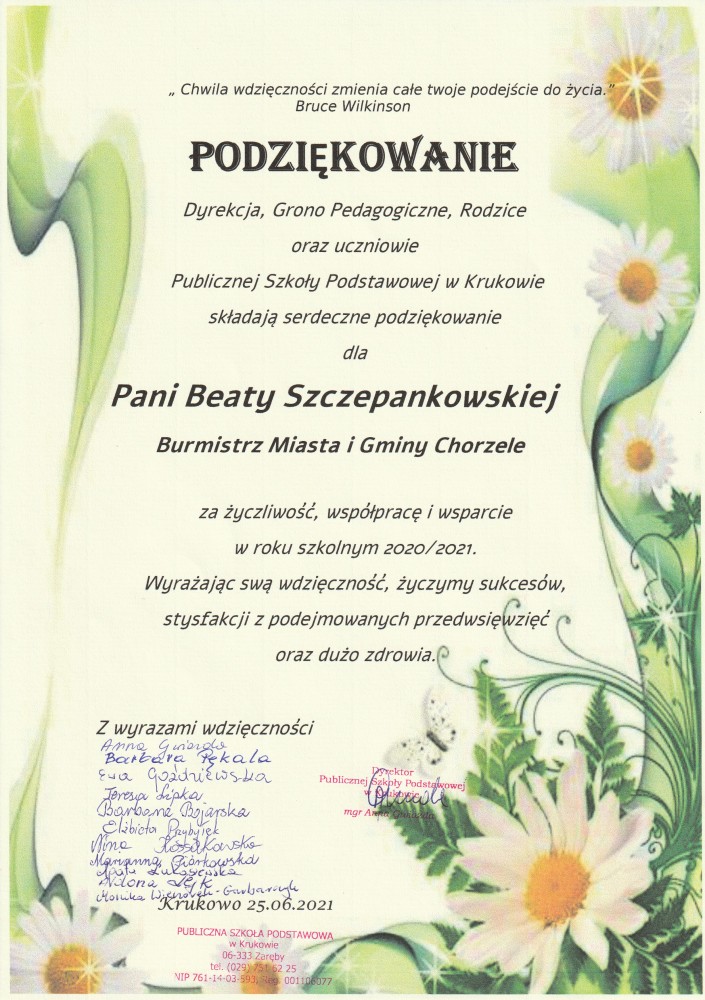 Podziękowanie dla Burmistrz Beaty Szczepankowskiej od PSP w Krukowie z okazji zakończenia roku szkolnego 2020/2021