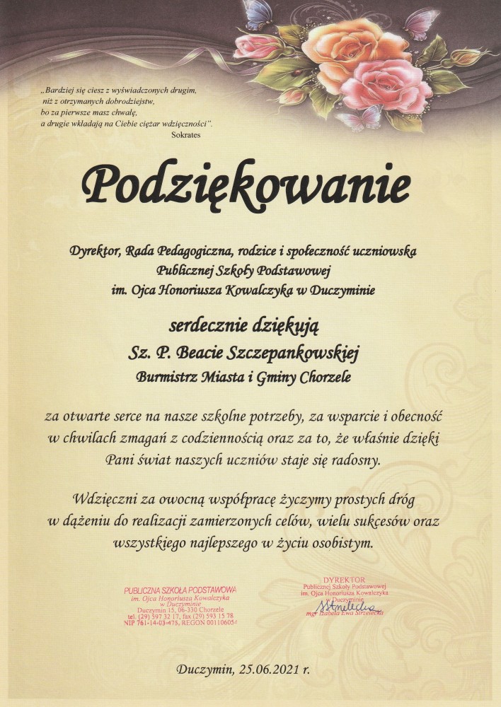 Podziękowanie dla Burmistrz Beaty Szczepankowskiej od PSP w Duczyminie z okazji zakończenia roku szkolnego 2020/2021