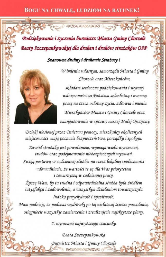 Życzenia Burmistrz Miasta i Gminy Chorzele dla druhen i druhów strażaków OSP